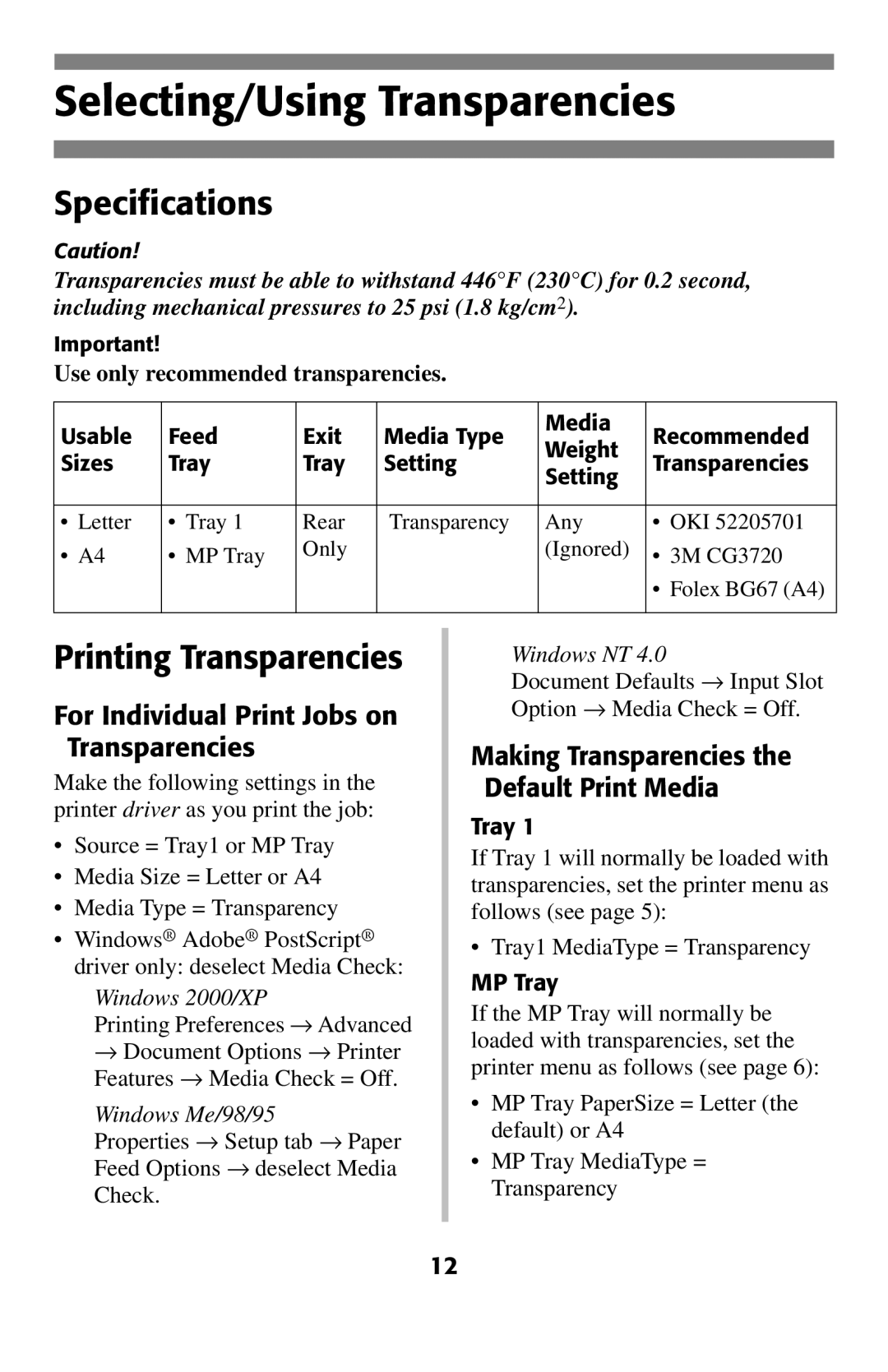 Oki 2024E manual Selecting/Using Transparencies, Printing Transparencies, For Individual Print Jobs on Transparencies 