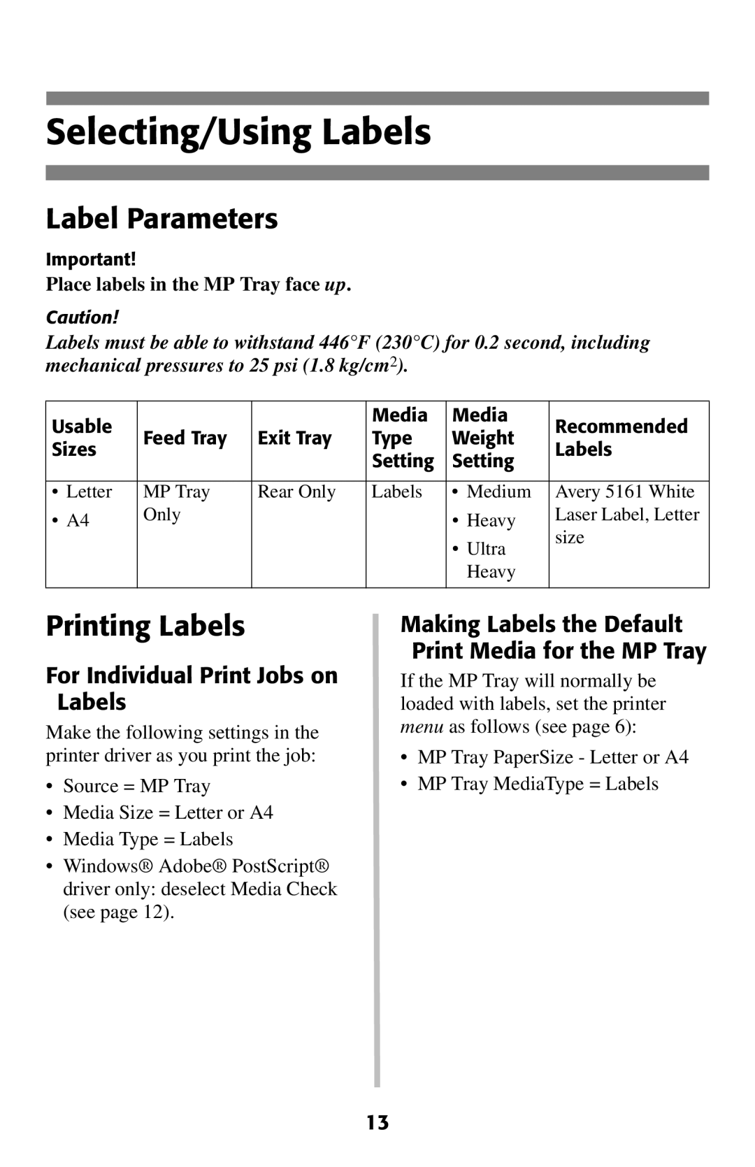 Oki 2024E manual Selecting/Using Labels, Label Parameters, Printing Labels, For Individual Print Jobs on Labels 