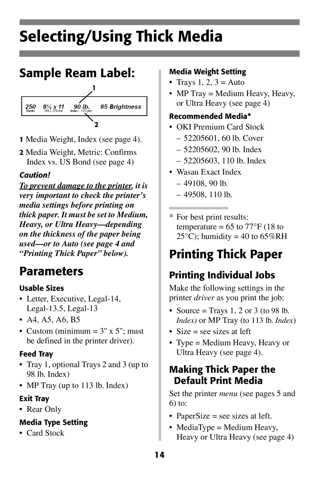 Oki 2024E manual Selecting/Using Thick Media, Sample Ream Label, Parameters, Printing Thick Paper 