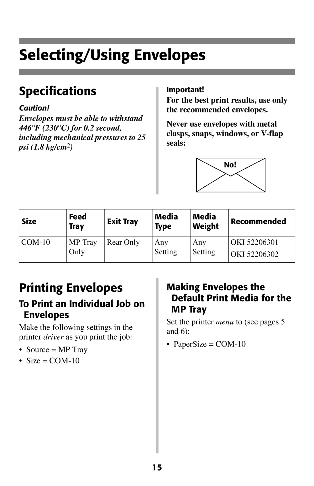 Oki 2024E manual Selecting/Using Envelopes, Printing Envelopes, To Print an Individual Job on Envelopes 