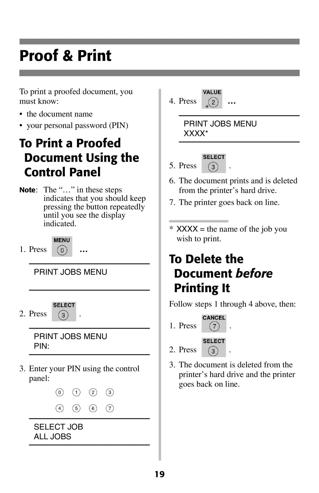 Oki 2024E manual Proof & Print, To Print a Proofed Document Using Control Panel 