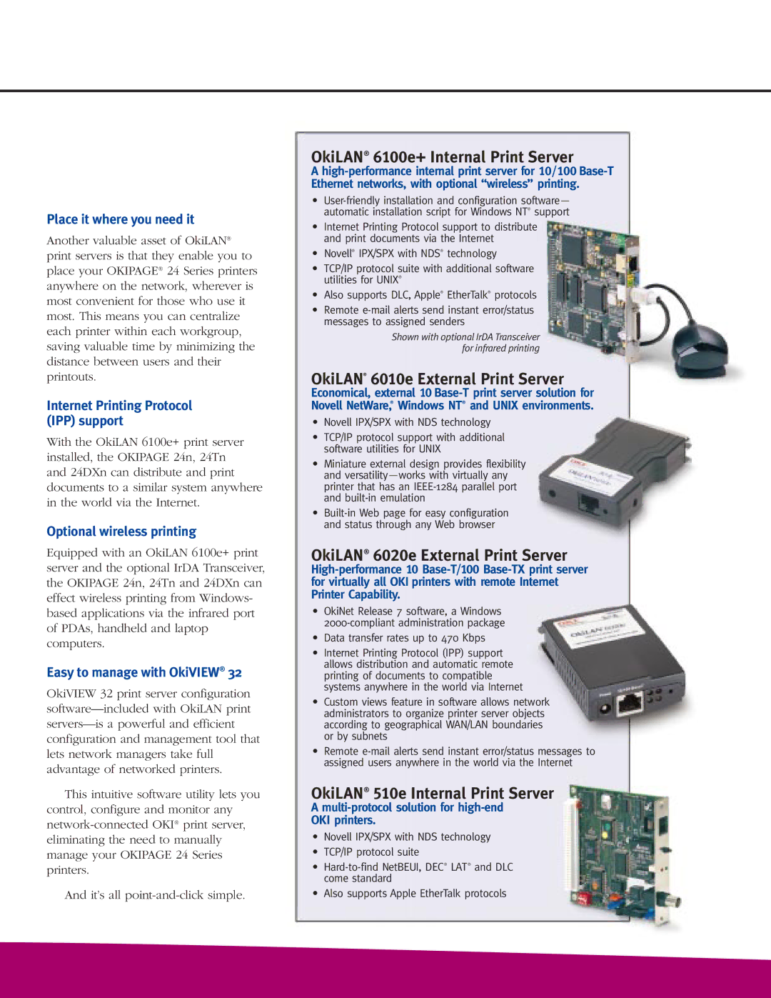 Oki 24 Series manual Place it where you need it, Internet Printing Protocol IPP support, Optional wireless printing 