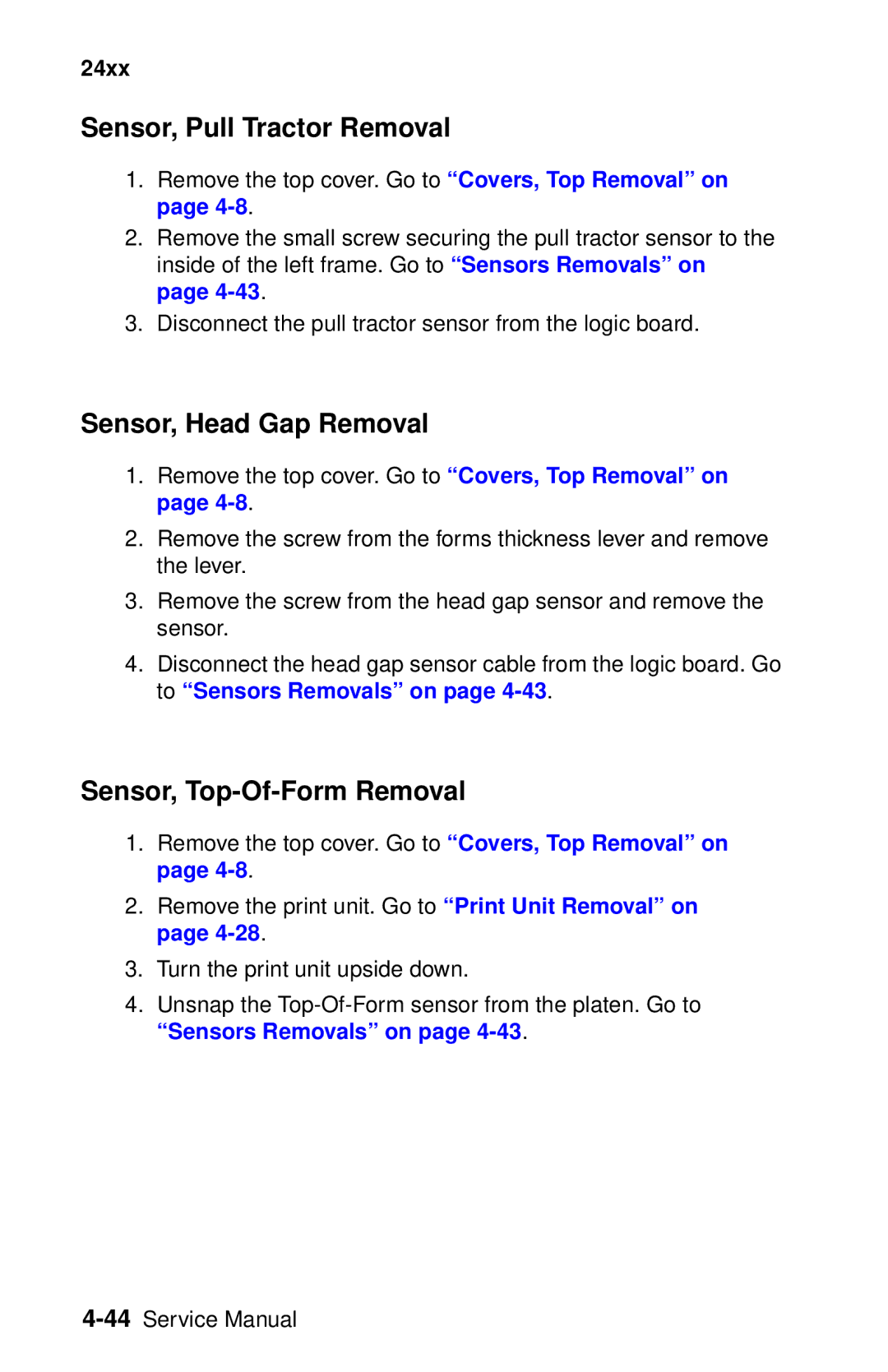 Oki 2400 manual Sensor, Pull Tractor Removal, Sensor, Head Gap Removal, Sensor, Top-Of-Form Removal 