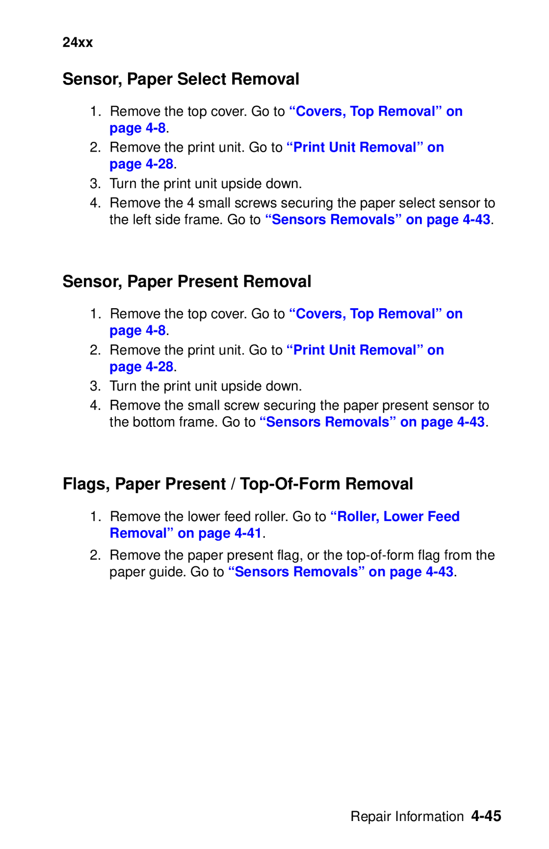 Oki 2400 manual Sensor, Paper Select Removal, Sensor, Paper Present Removal, Flags, Paper Present / Top-Of-Form Removal 