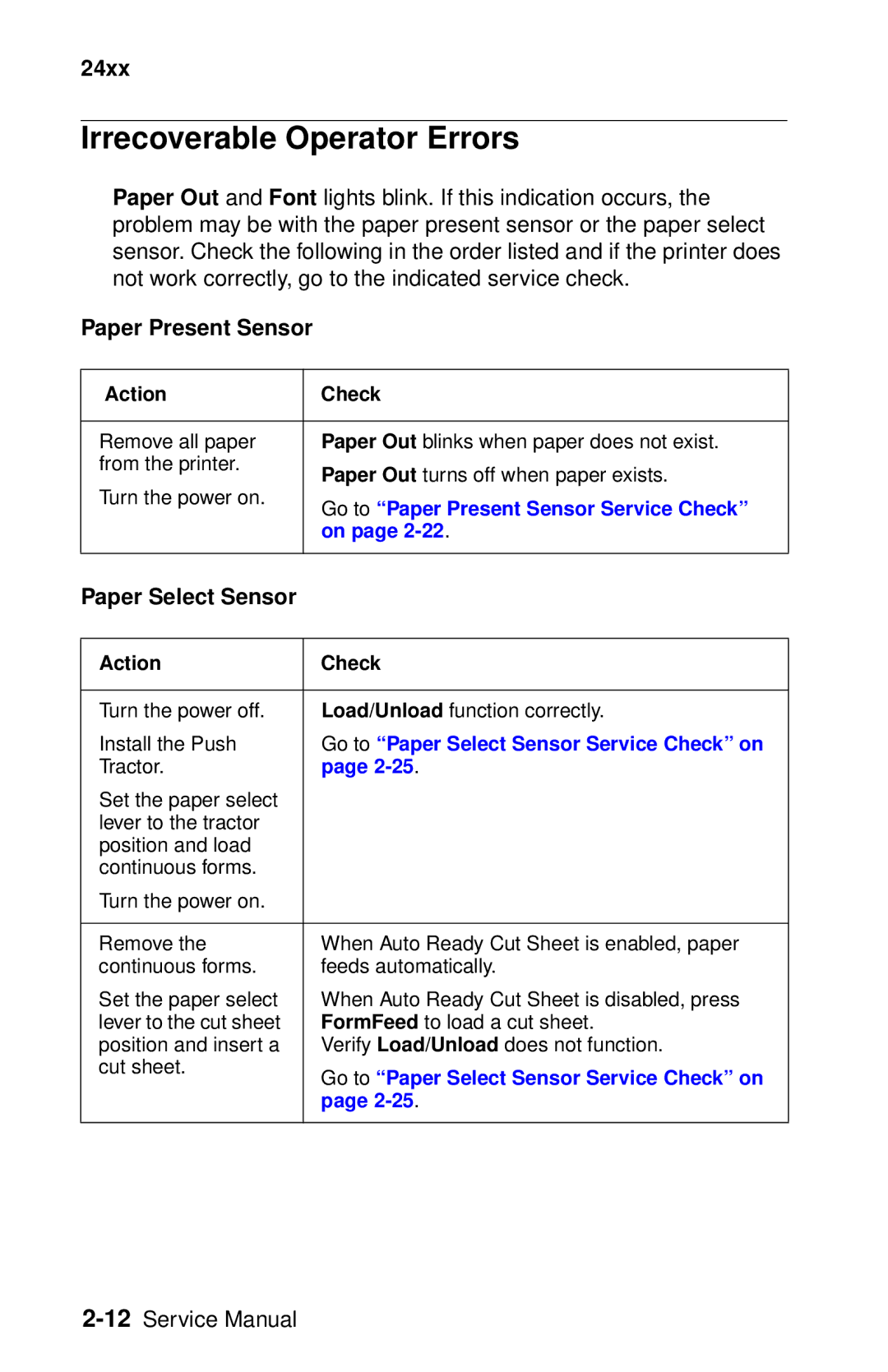 Oki 2400 manual Irrecoverable Operator Errors, Paper Present Sensor, Paper Select Sensor 