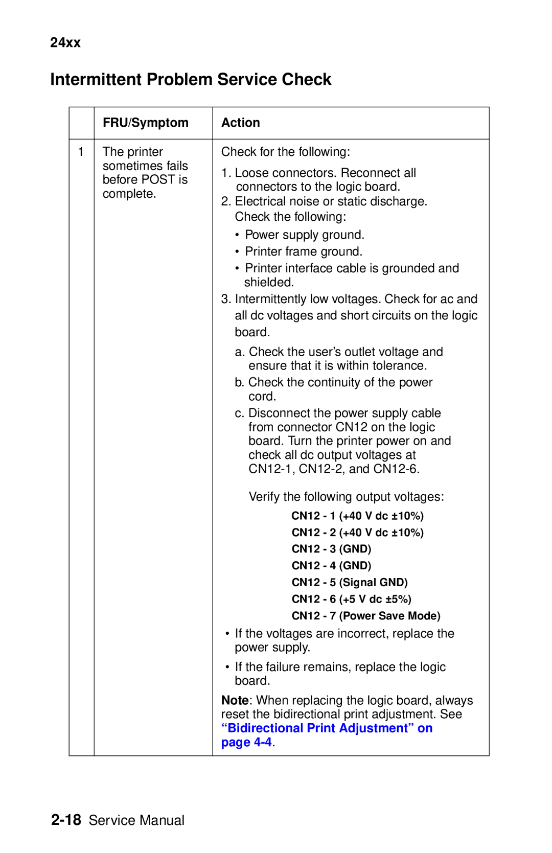 Oki 2400 manual Intermittent Problem Service Check, FRU/Symptom Action 