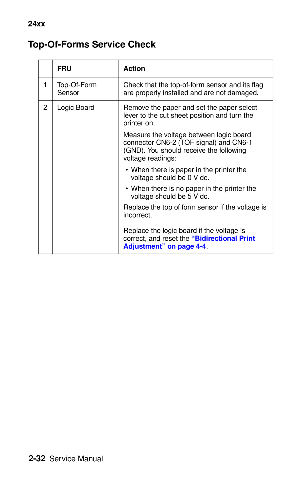 Oki 2400 manual Top-Of-Forms Service Check 