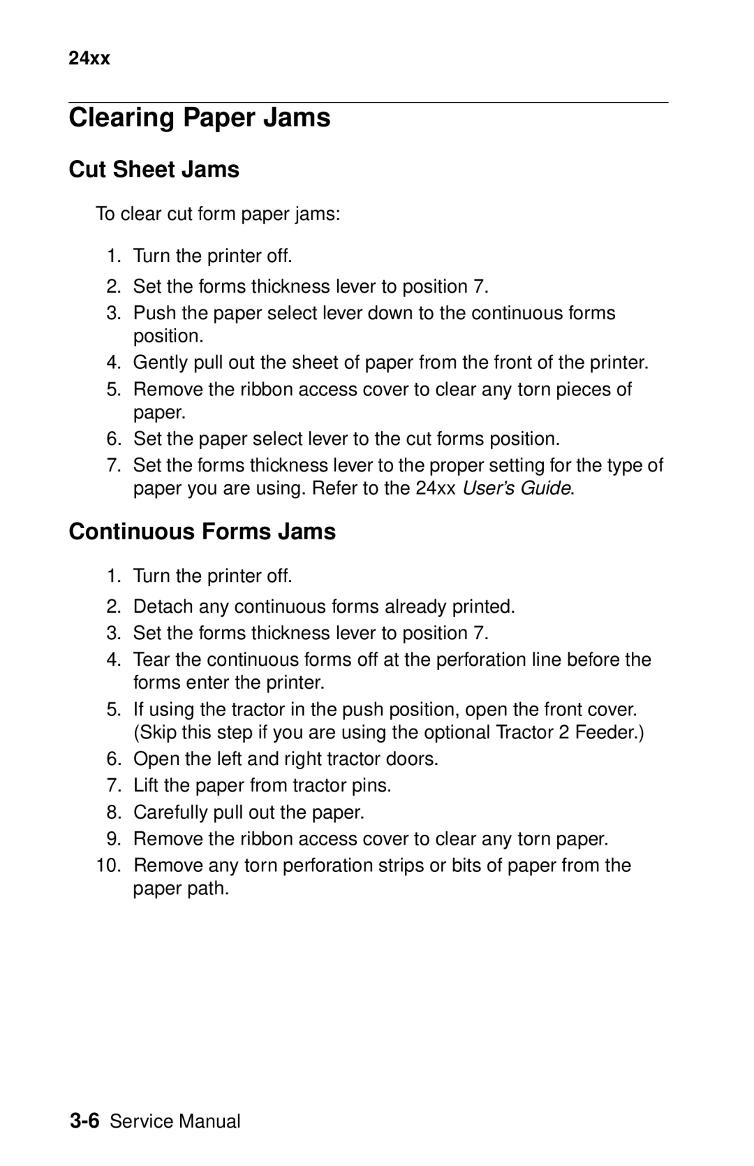 Oki 2400 manual Clearing Paper Jams, Cut Sheet Jams, Continuous Forms Jams 