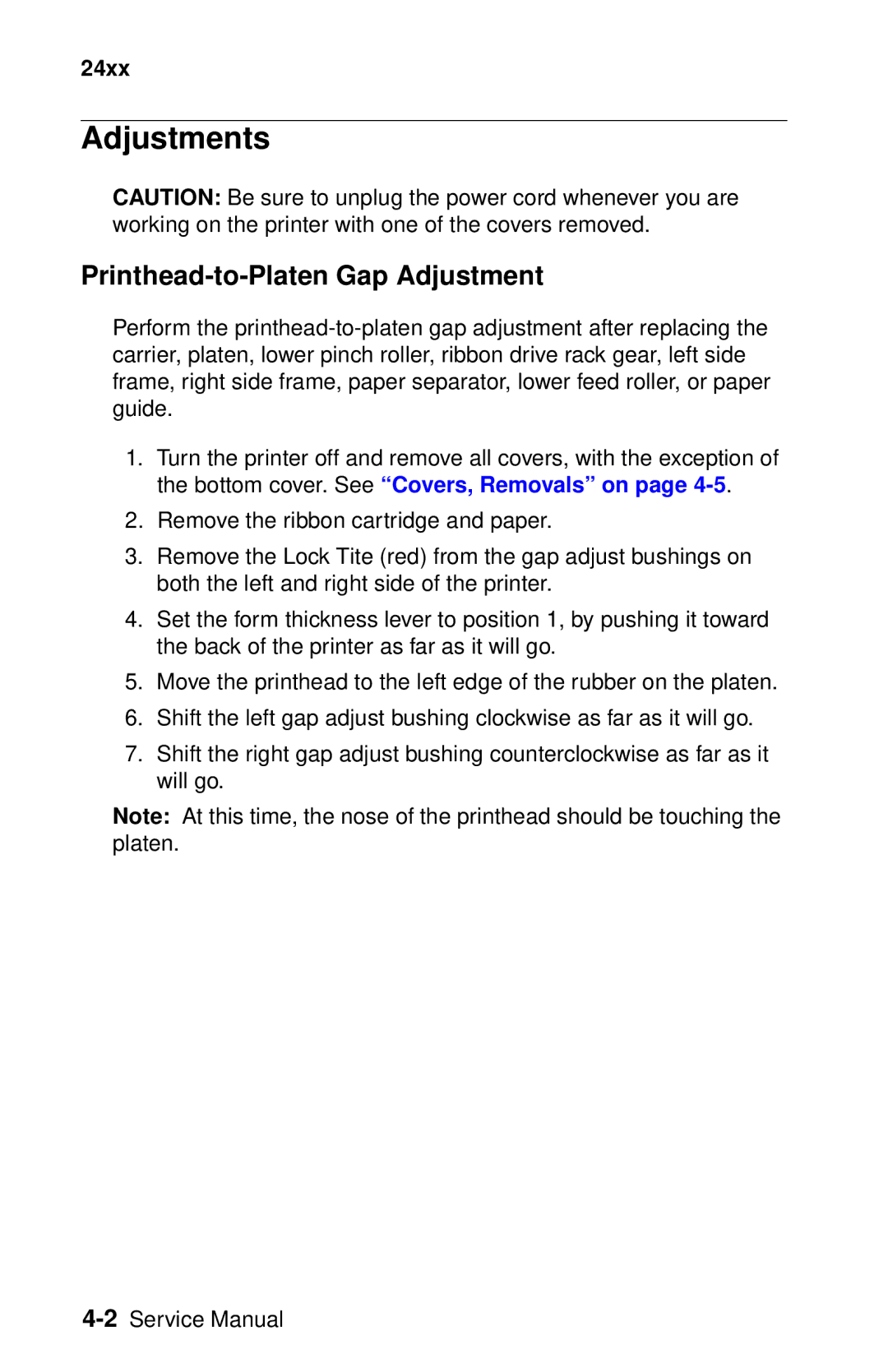 Oki 2400 manual Adjustments, Printhead-to-Platen Gap Adjustment 