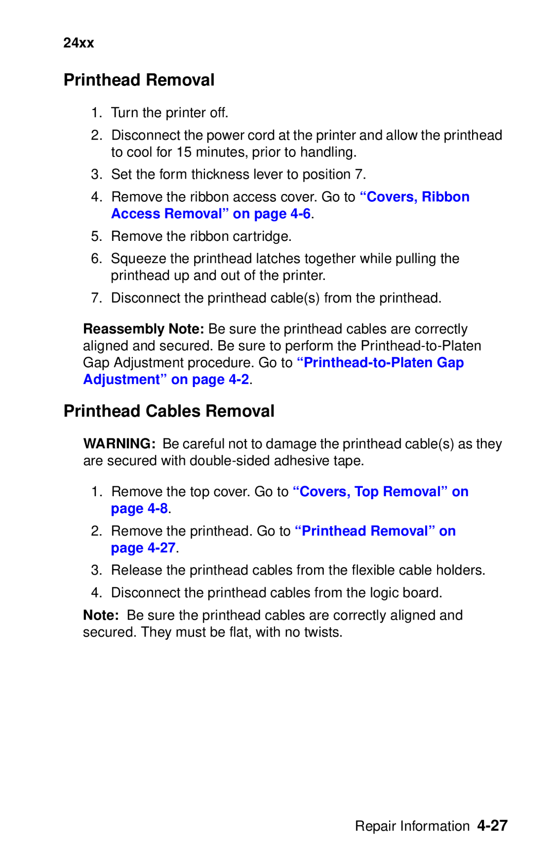 Oki 2400 manual Printhead Removal, Printhead Cables Removal 