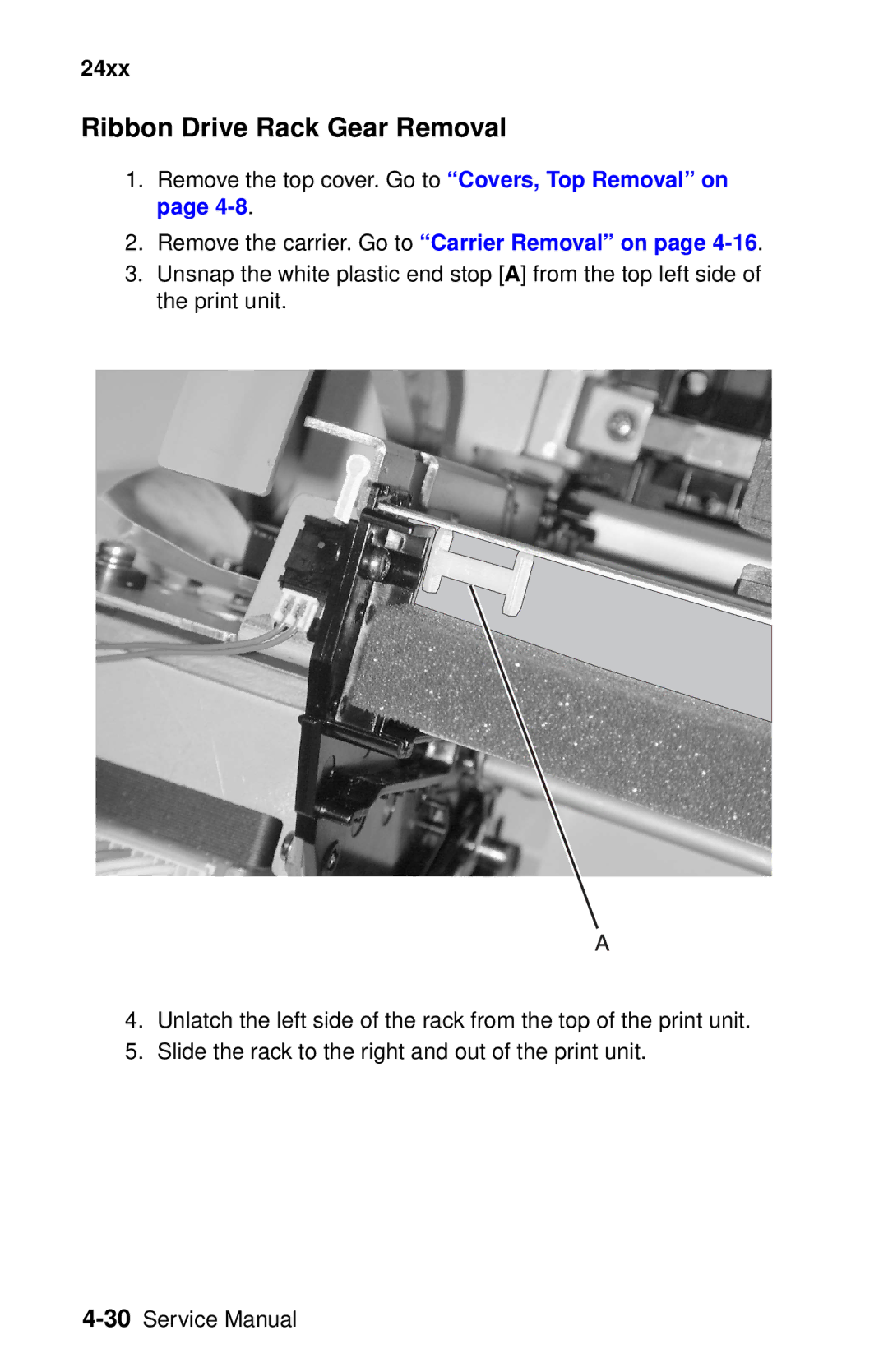 Oki 2400 manual Ribbon Drive Rack Gear Removal, Remove the carrier. Go to Carrier Removal on 