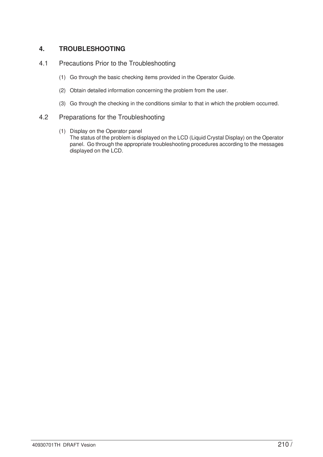 Oki 24DX manual Precautions Prior to the Troubleshooting, Preparations for the Troubleshooting, 210 