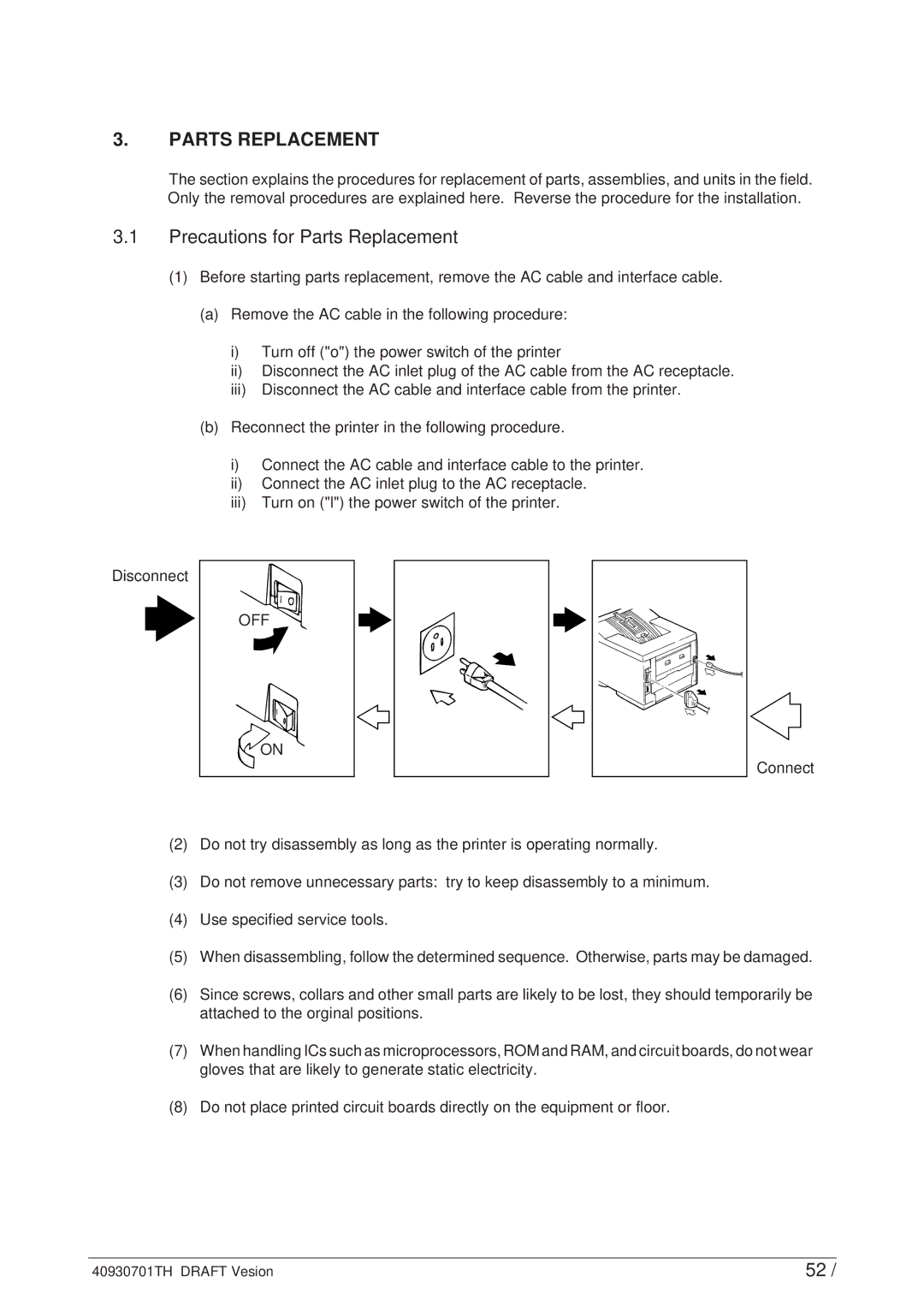 Oki 24DX manual Precautions for Parts Replacement, Off 