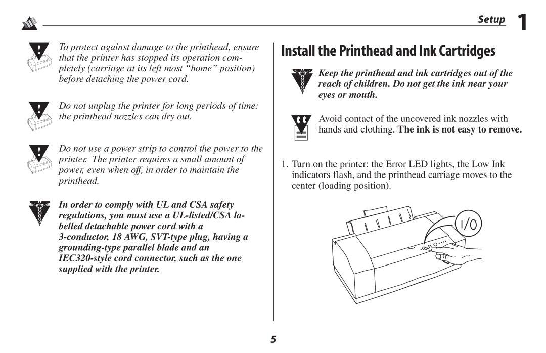 Oki 2500 manual Keep the printhead and ink cartridges out, Reach of children. Do not get the ink near your, Eyes or mouth 