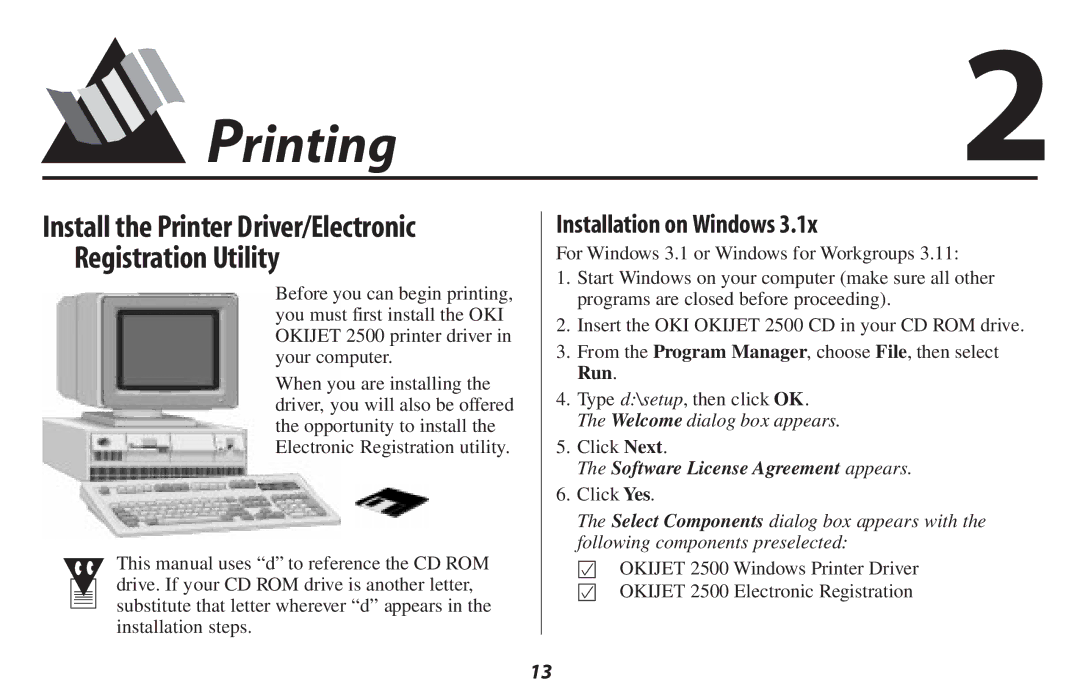 Oki 2500 manual Printing2, Installation on Windows, Software License Agreement appears 