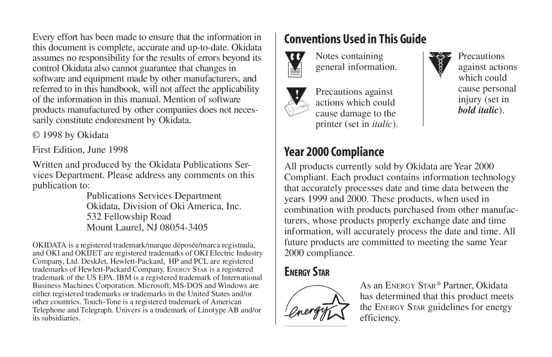 Oki 2500 manual Year 2000 Compliance, Conventions Used in This Guide 