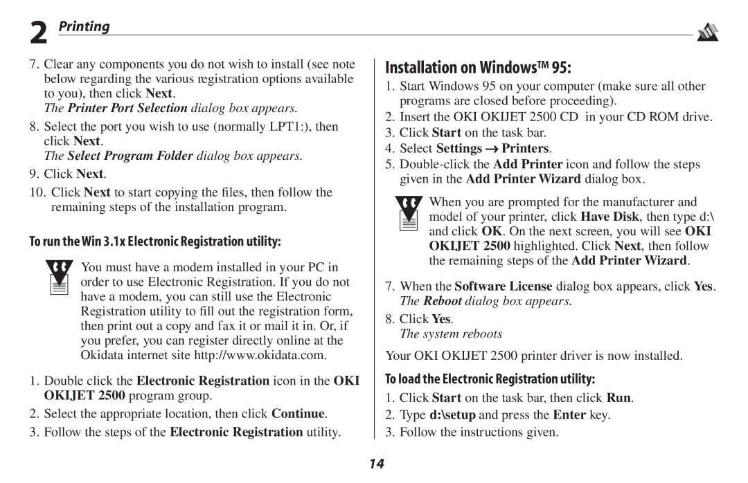 Oki 2500 manual Printing, To run the Win 3.1x Electronic Registration utility, To load the Electronic Registration utility 