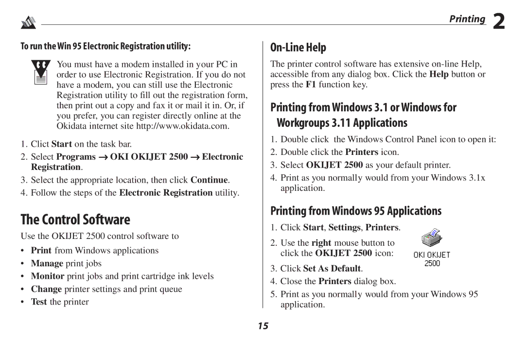 Oki 2500 manual Control Software, On-Line Help, Workgroups 3.11 Applications, Printing from Windows 95 Applications 