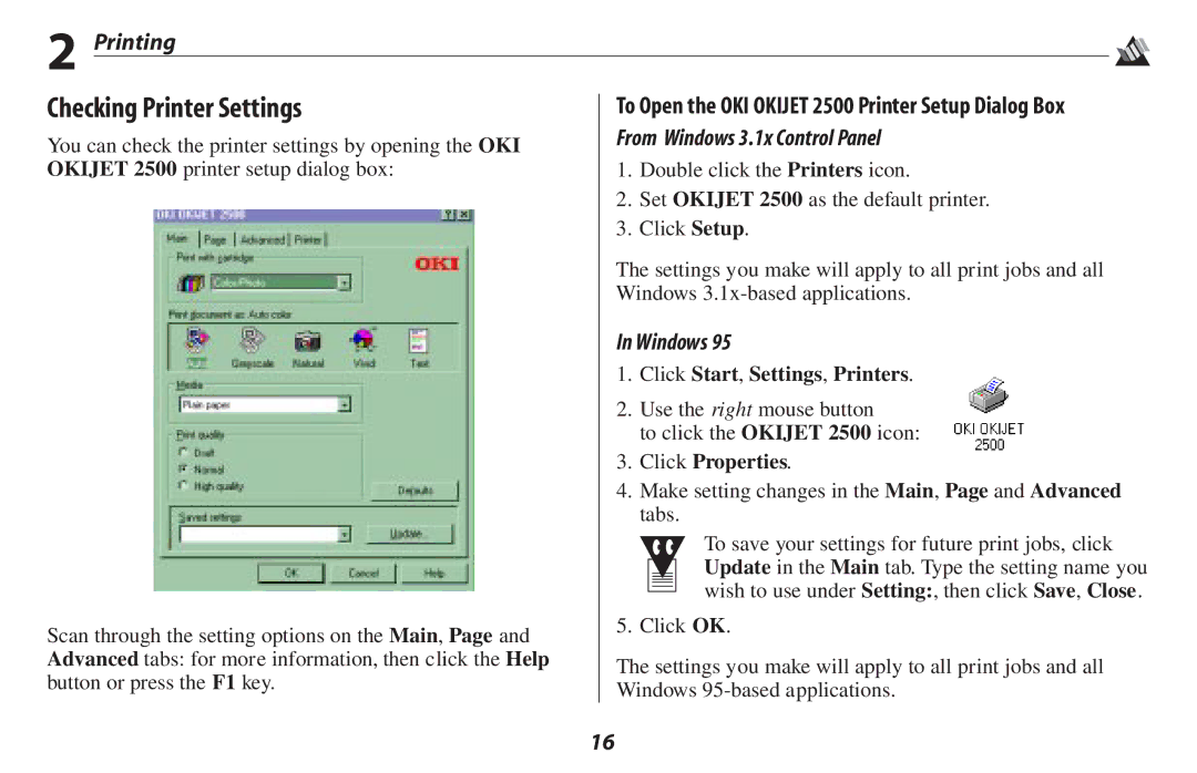 Oki Checking Printer Settings, To Open the OKI Okijet 2500 Printer Setup Dialog Box, From Windows 3.1x Control Panel 