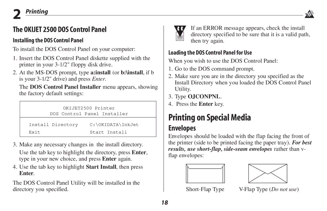 Oki manual Printing on Special Media, Okijet 2500 DOS Control Panel, Envelopes, Installing the DOS Control Panel 