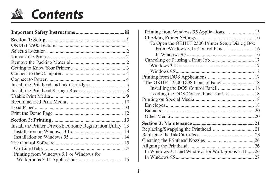 Oki 2500 manual Contents 