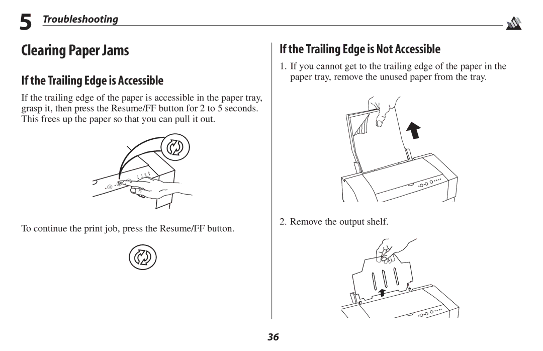 Oki 2500 Clearing Paper Jams, If the Trailing Edge is Accessible, If the Trailing Edge is Not Accessible, Troubleshooting 