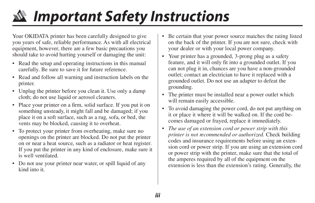 Oki 2500 manual Important Safety Instructions, Iii 