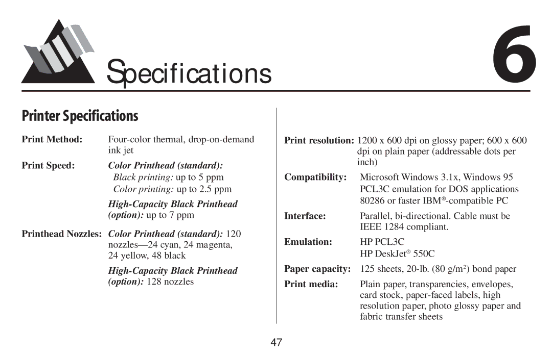 Oki 2500 manual Specifications6, Printer Specifications, Print Speed Color Printhead standard 