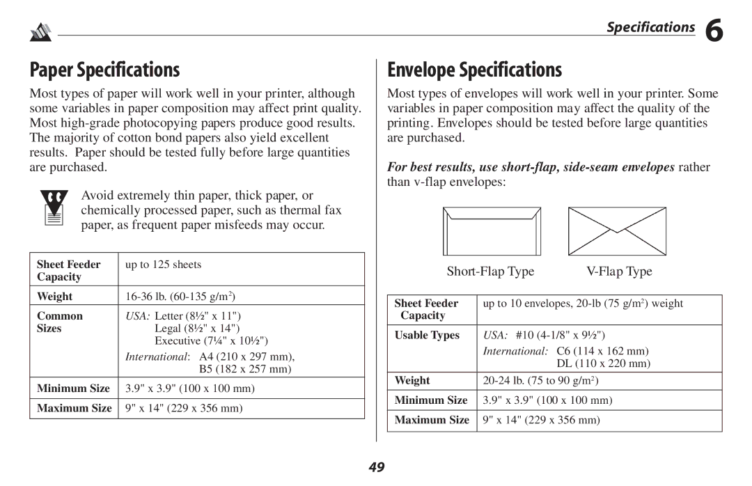 Oki 2500 manual Paper Specifications Envelope Specifications 