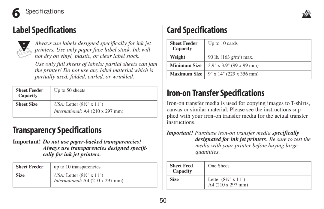 Oki 2500 manual Label Specifications, Transparency Specifications, Card Specifications, Iron-on Transfer Specifications 