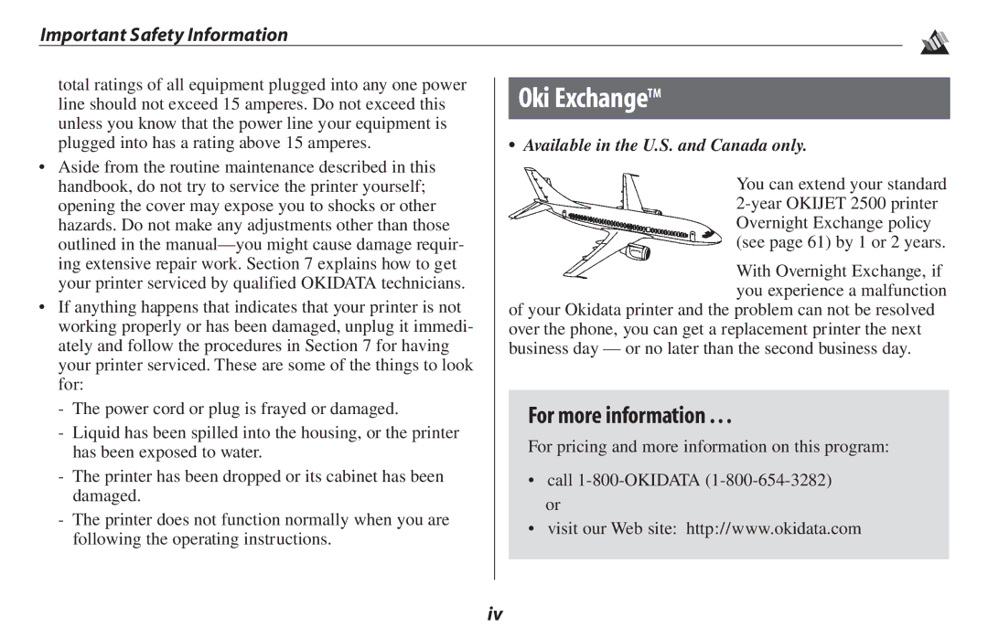 Oki 2500 manual For more information, Important Safety Information, Available in the U.S. and Canada only 