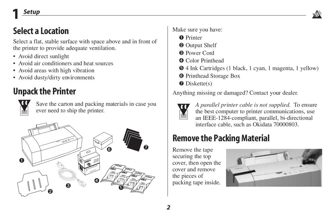 Oki 2500 manual Select a Location, Unpack the Printer, Remove the Packing Material, Setup 