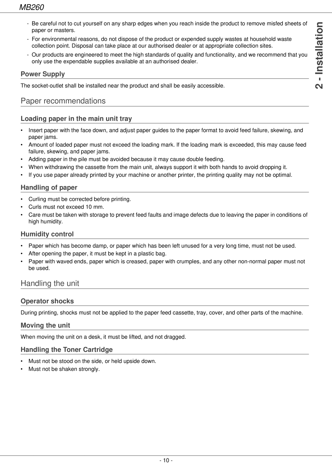 Oki 260 manual Paper recommendations, Handling the unit 