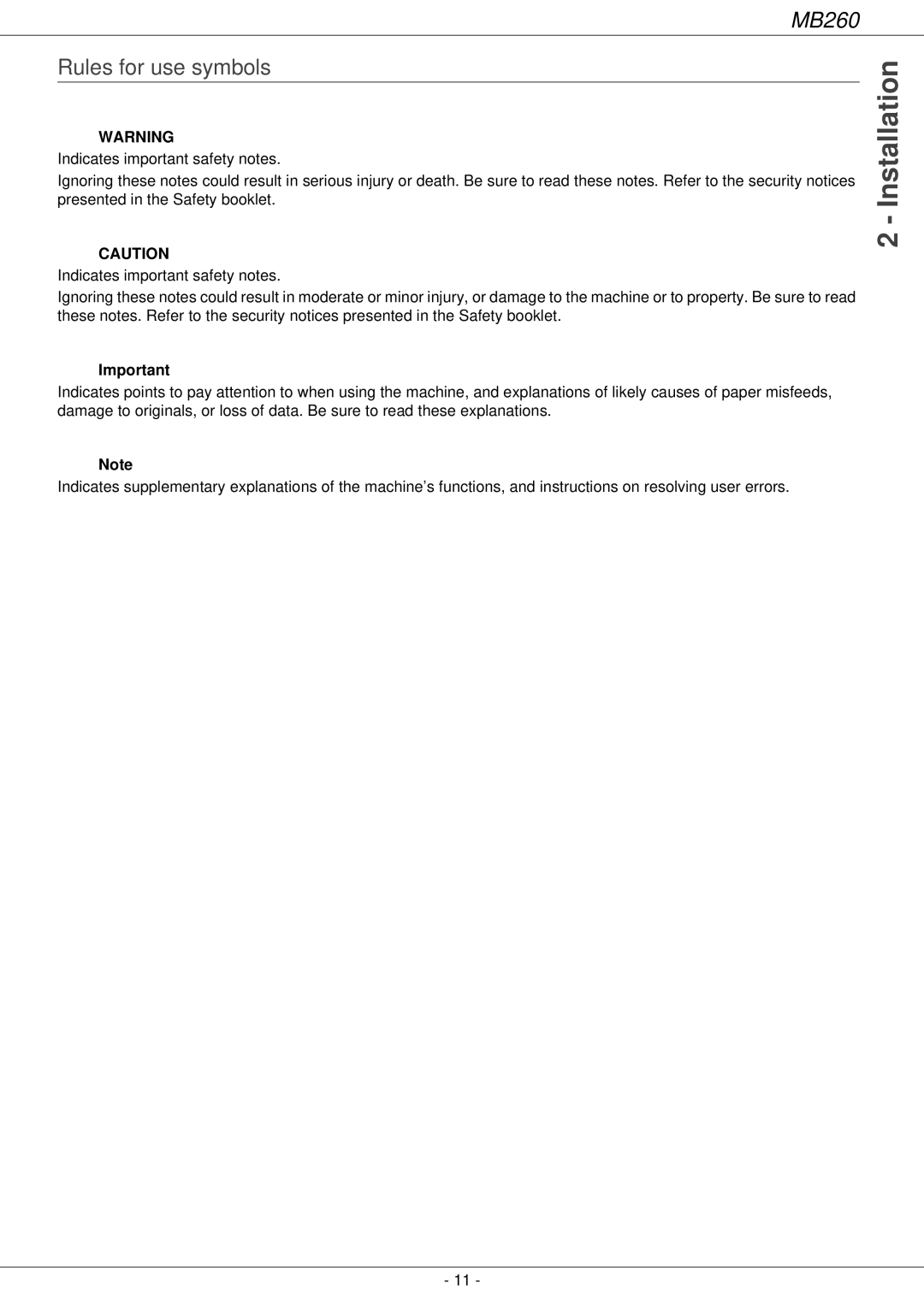 Oki 260 manual Rules for use symbols 