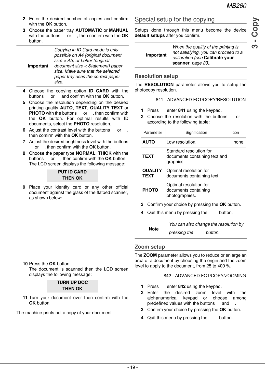 Oki 260 manual Special setup for the copying, Resolution setup, Zoom setup, Advanced FCT/COPY/RESOLUTION 