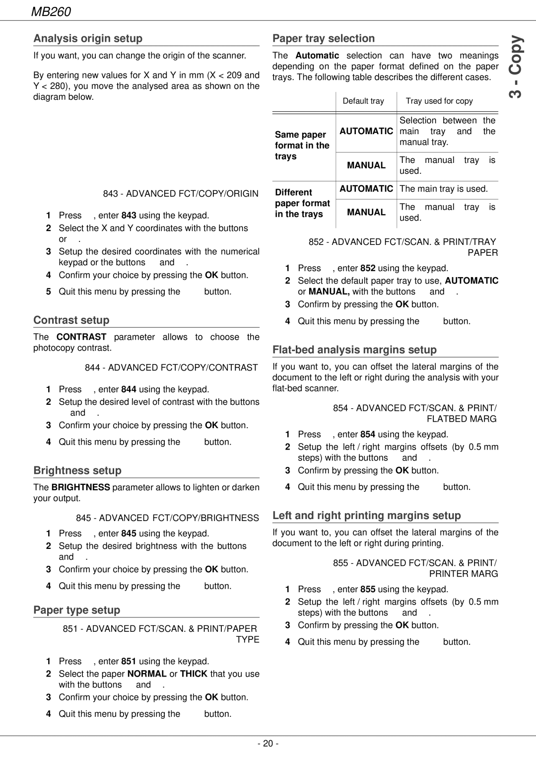 Oki 260 Analysis origin setup Paper tray selection, Contrast setup, Flat-bed analysis margins setup, Brightness setup 