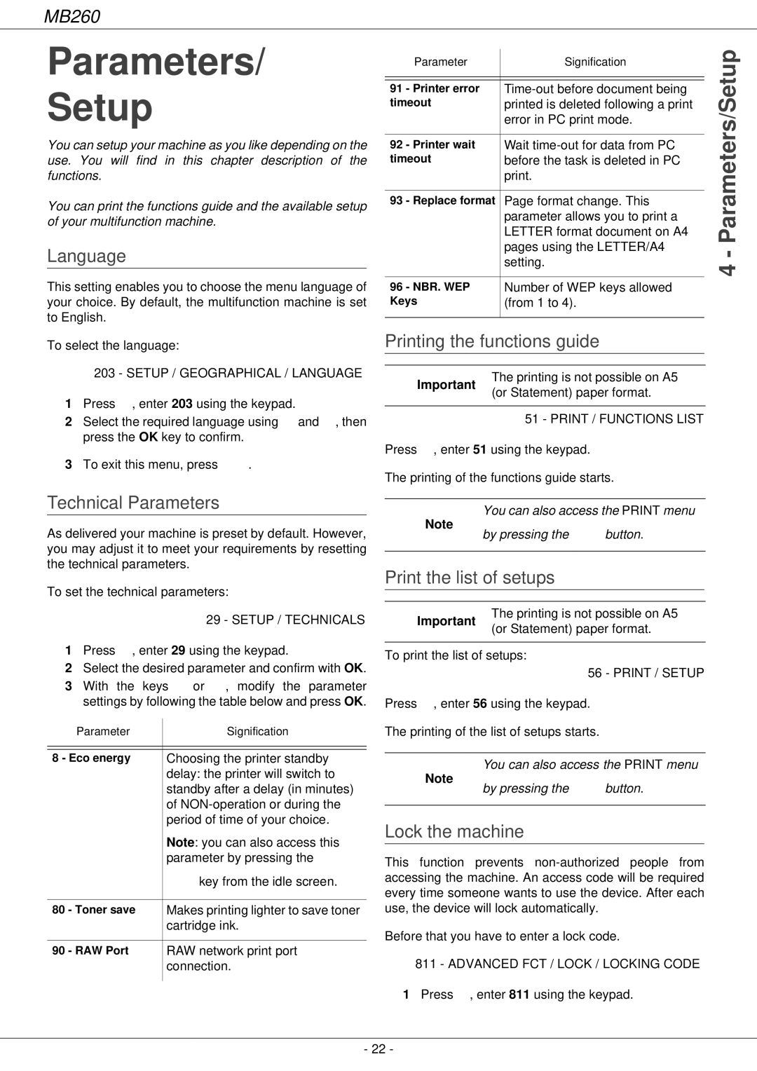 Oki 260 manual Parameters Setup 