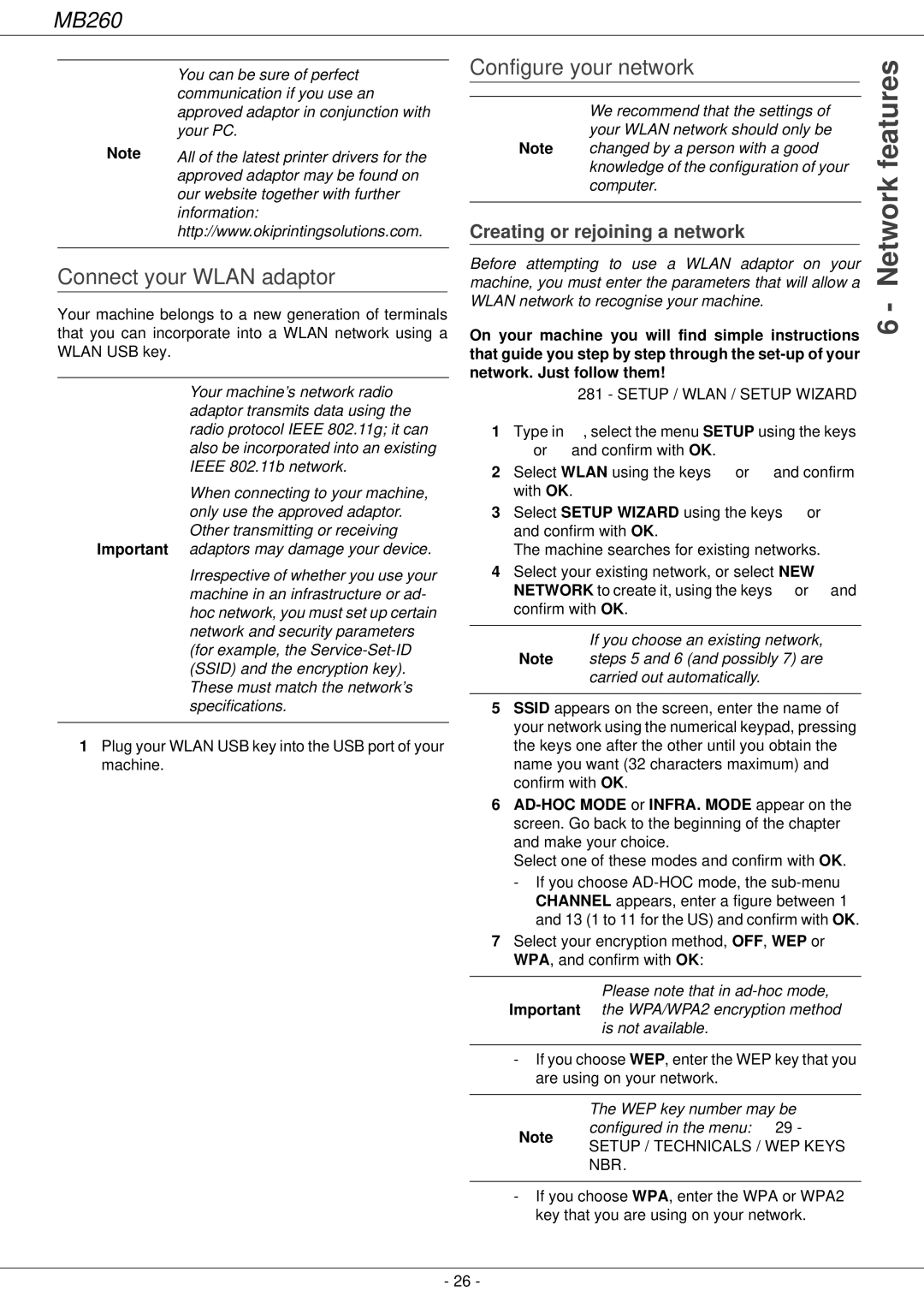 Oki 260 manual Connect your Wlan adaptor, Configure your network, Creating or rejoining a network 