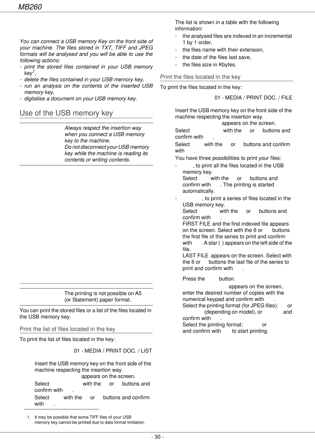 Oki 260 manual Use of the USB memory key, Print your documents 