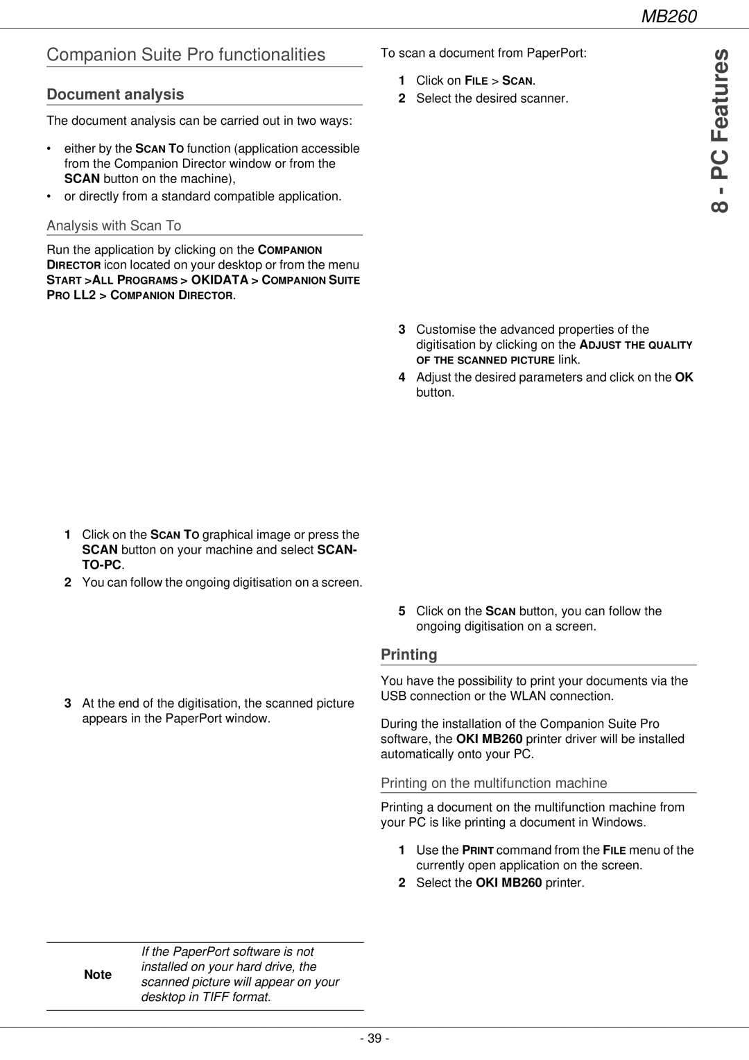 Oki 260 manual Companion Suite Pro functionalities, Document analysis, Printing, Analysis with Scan To 