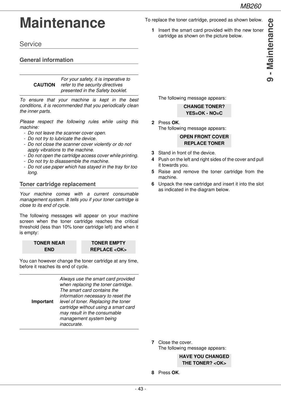 Oki 260 manual Maintenance, Service, General information, Toner cartridge replacement 