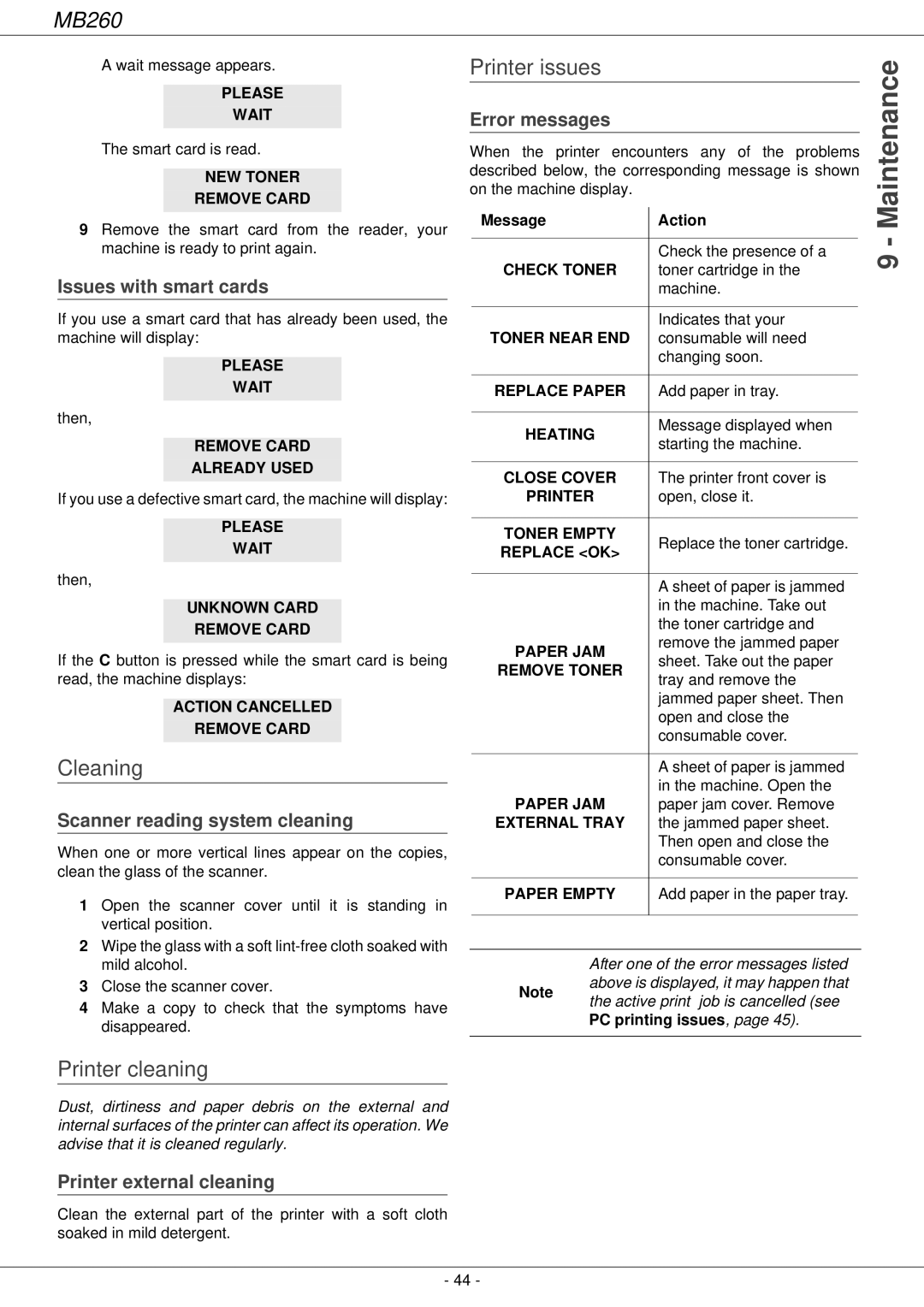 Oki 260 manual Cleaning, Printer issues, Printer cleaning 