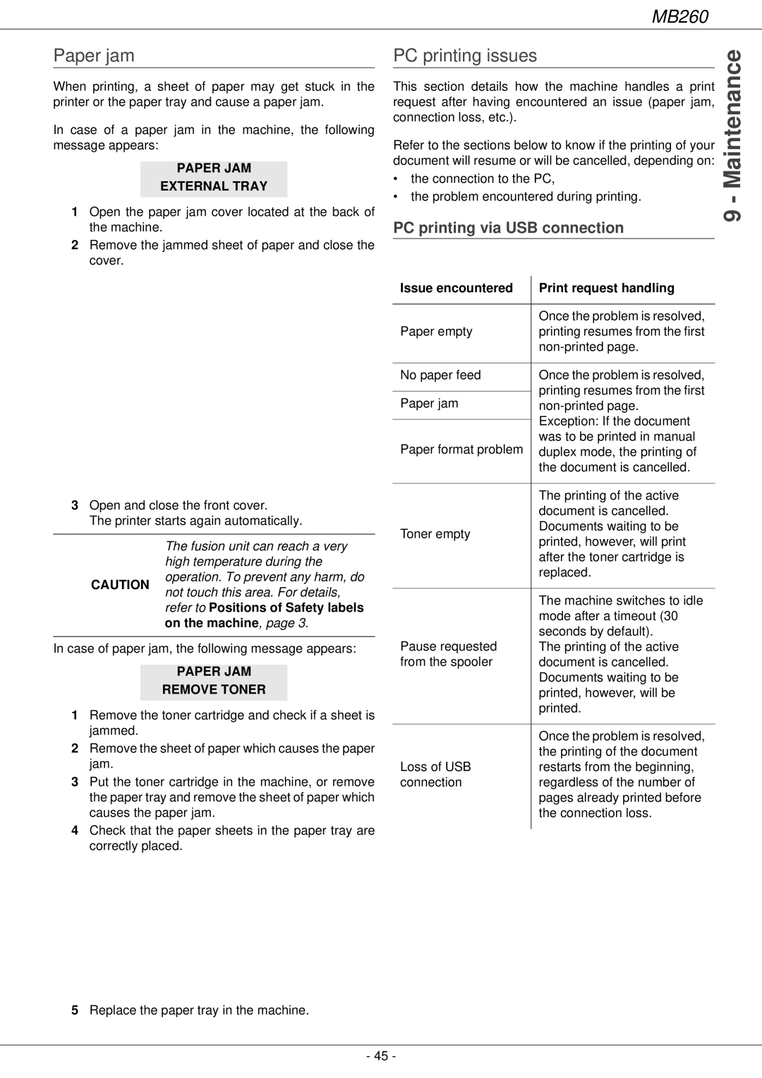 Oki 260 manual Paper jam, PC printing issues, PC printing via USB connection 