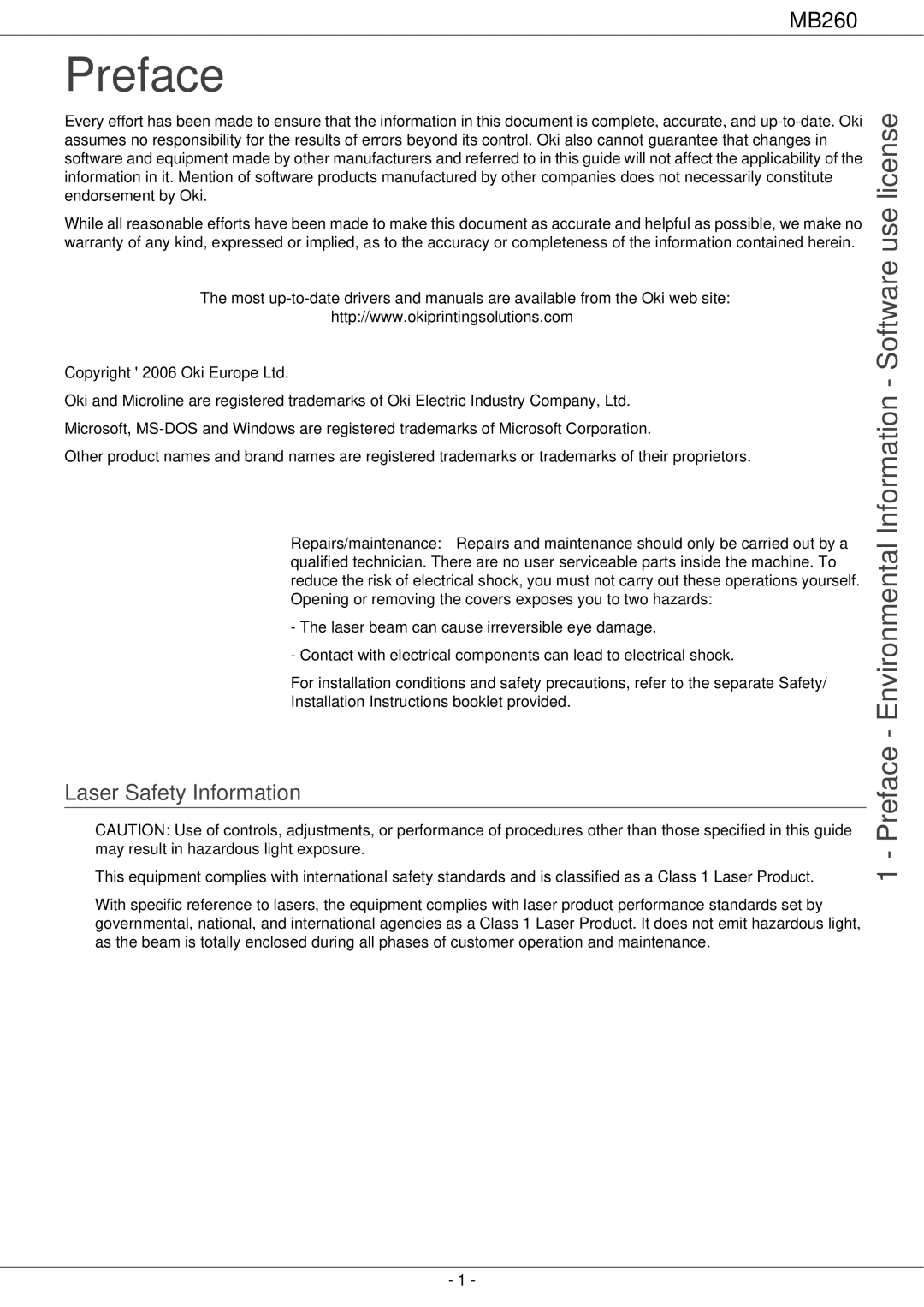 Oki 260 manual Preface Environmental Information Software use license, Laser Safety Information 