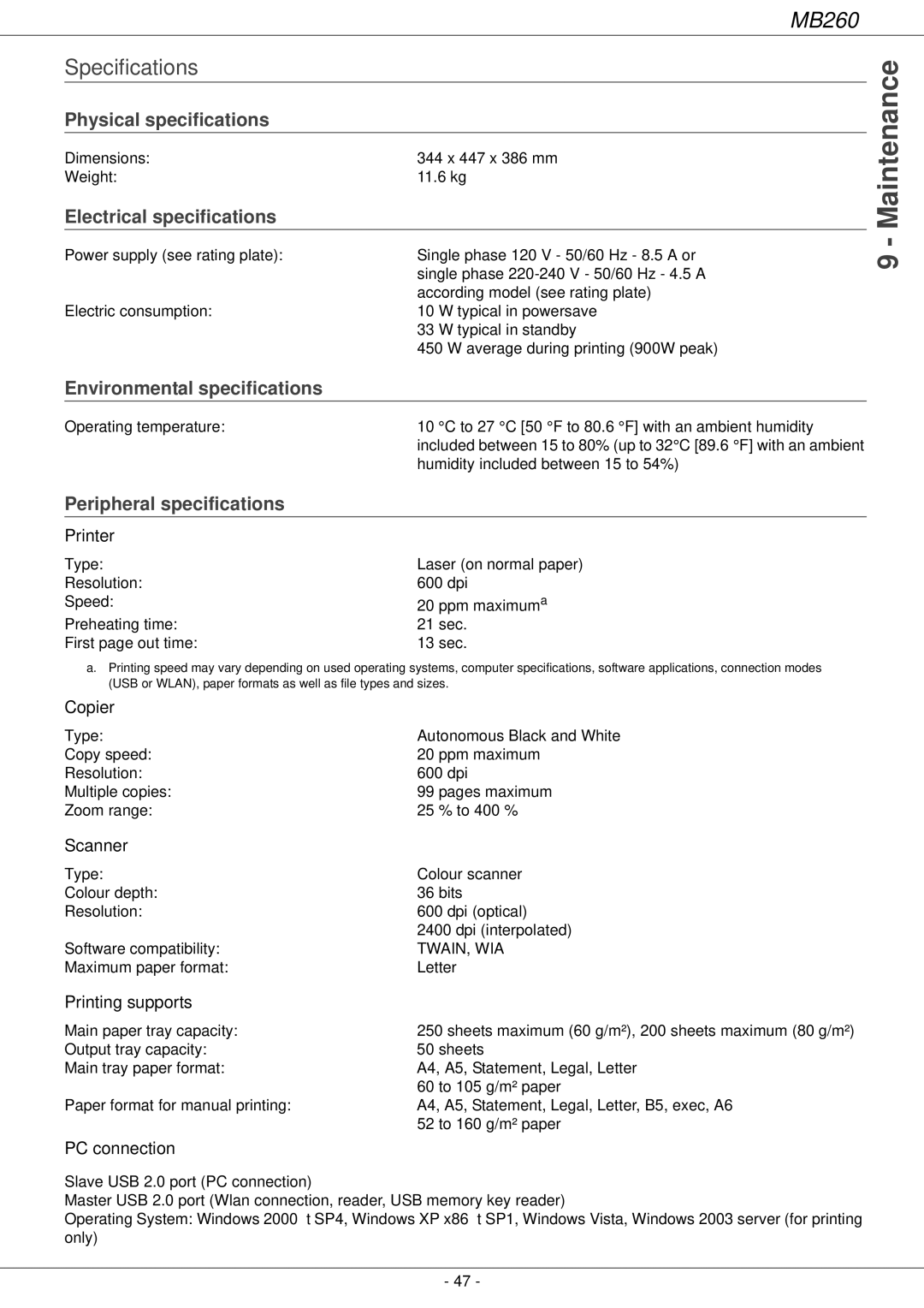 Oki 260 manual Specifications, Physical specifications, Electrical specifications, Environmental specifications 