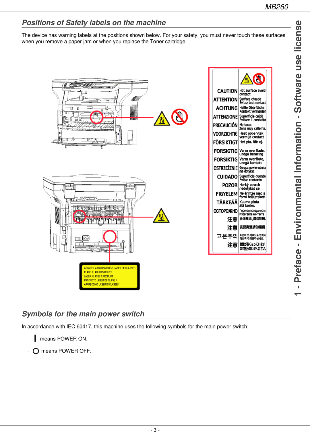 Oki 260 manual Positions of Safety labels on the machine, Symbols for the main power switch 