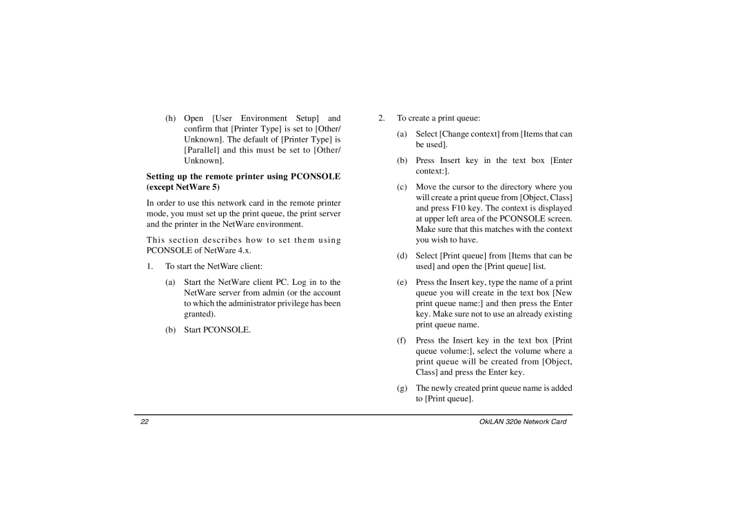 Oki 3100e manual Setting up the remote printer using Pconsole except NetWare 