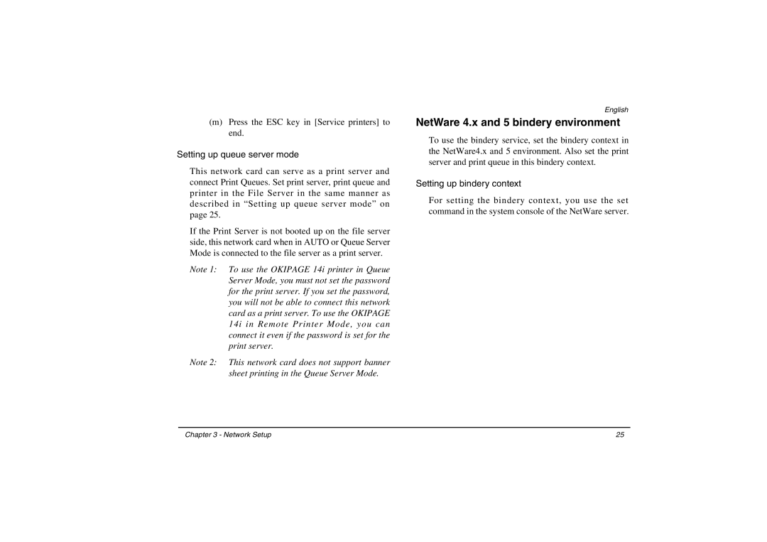 Oki 3100e manual NetWare 4.x and 5 bindery environment, Setting up queue server mode, Setting up bindery context 