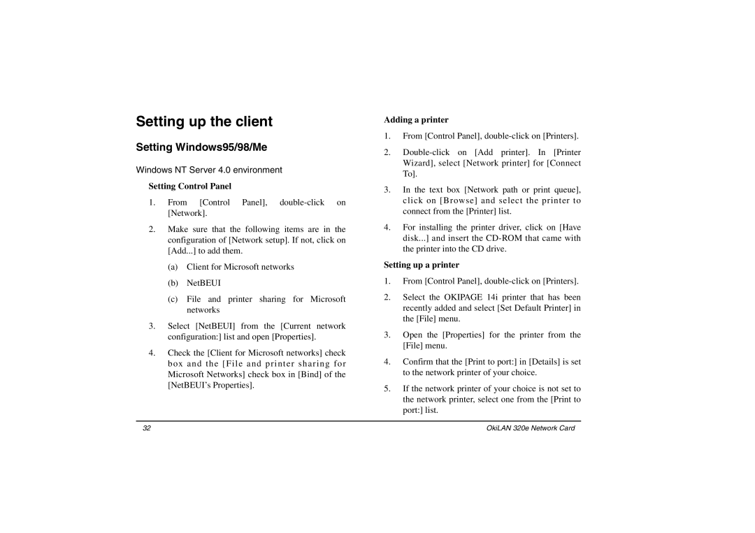 Oki 3100e Setting up the client, Setting Windows95/98/Me, Setting Control Panel, Adding a printer, Setting up a printer 