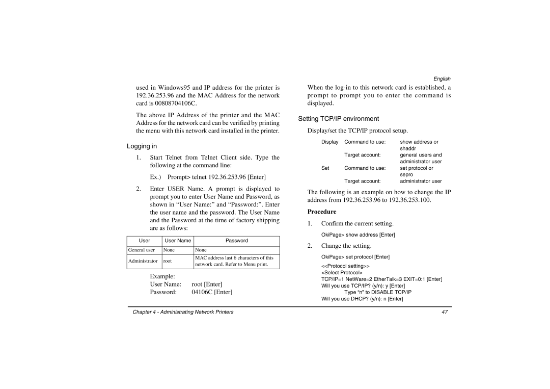 Oki 3100e manual Logging, Setting TCP/IP environment, Procedure 